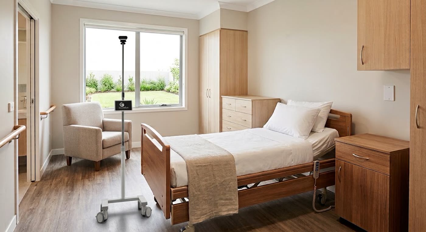 A LASSO unit on its wheeled base beside a hospital bed in a care room.