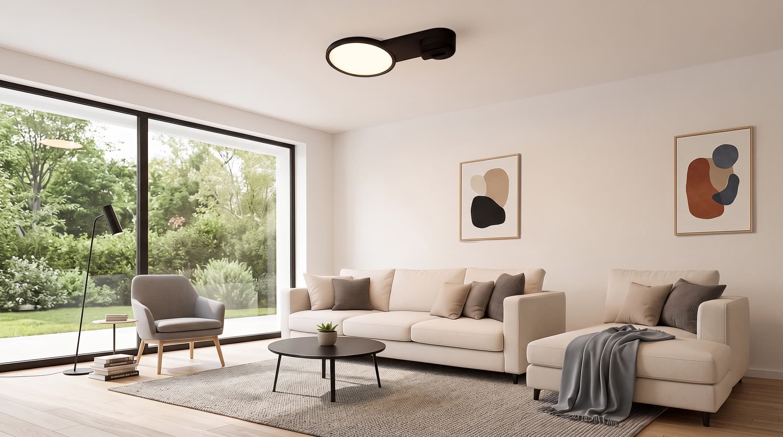A LIGHTO ceiling unit fitted above a living room with a sofa and garden doors.